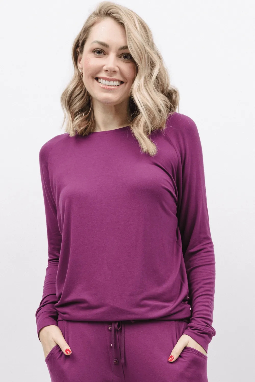Carina Long Sleeve Slouch Jersey Top Magenta. Size UK 8