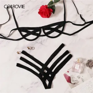 COLROVIE Black Solid Ladder Cut-Out Lingerie Set 2019 Sexy Women Summer Bralettes Thongs V-Strings Female Underwear Bra Set