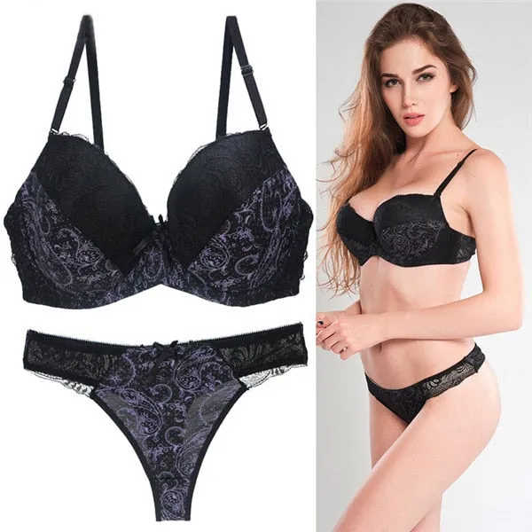 CXZD 2pcs/sets Push Up Bra Sets Women Seamless Embroidery Bralette underwire Breathable Underwear Lingerie Set