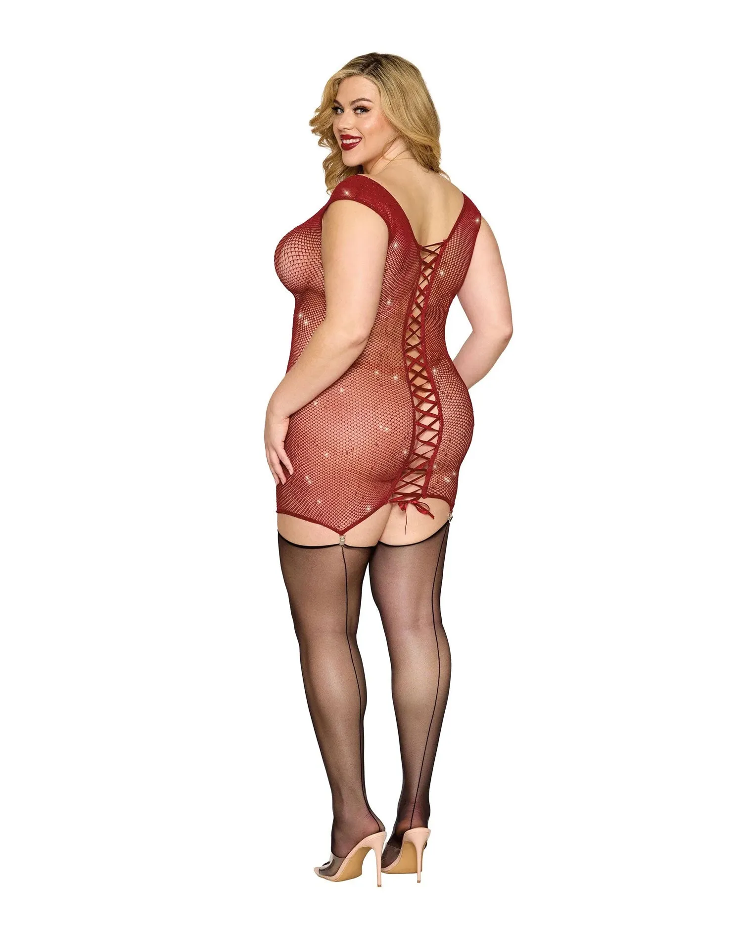 Dreamgirl Queen Rhinestone Seamless Chemise & Mini Suspender Clips Ox Blood