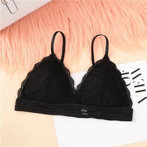 EIE New Fashion Thin French Style Bralette Lace Wireless Triangle Cup Women Lingerie Soft Bra Seamless Underwear Deep V Girls