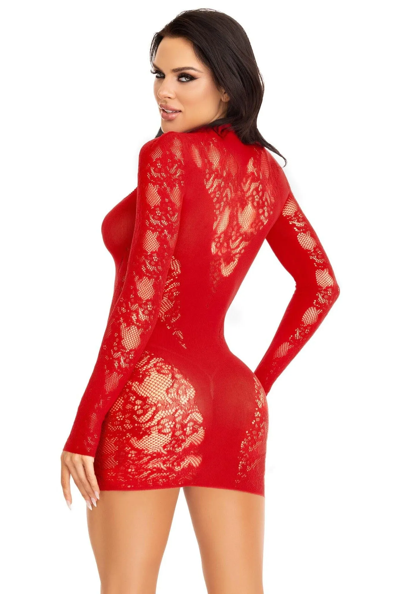 Lace Keyhole Mini Dress. Opaque Panel. Gloved Sleeves