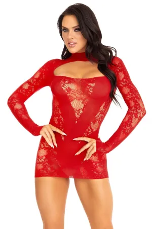Lace Keyhole Mini Dress. Opaque Panel. Gloved Sleeves