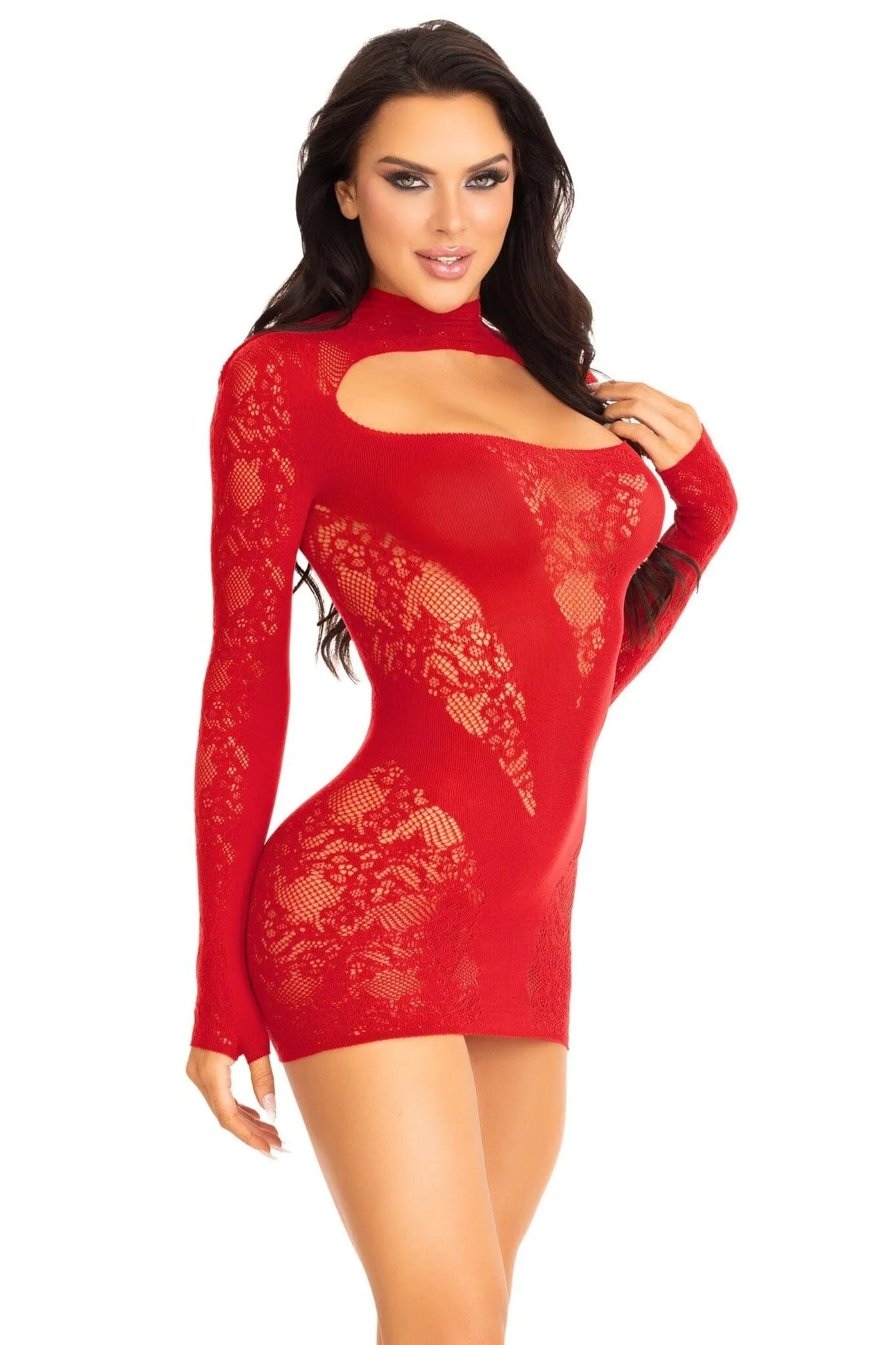 Lace Keyhole Mini Dress. Opaque Panel. Gloved Sleeves