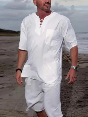 Men Relaxed Cotton V-Neck Shorts Set