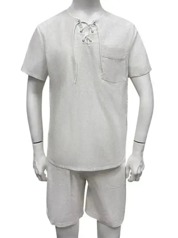 Men Relaxed Cotton V-Neck Shorts Set