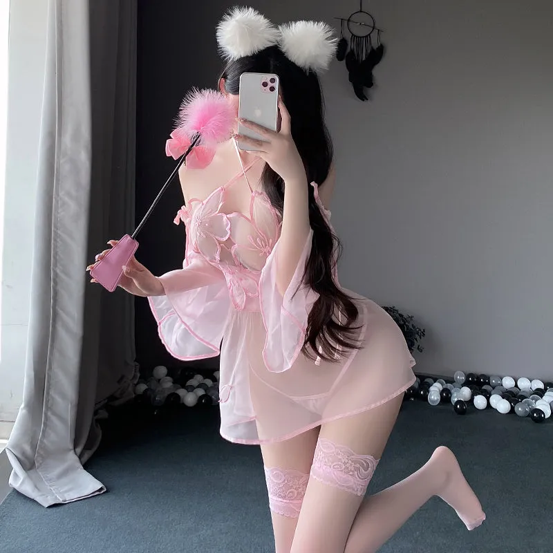 MY-8980 Sexy Japanese new kimono suspender peach blossom embroidery soft gauze sheer nightdress