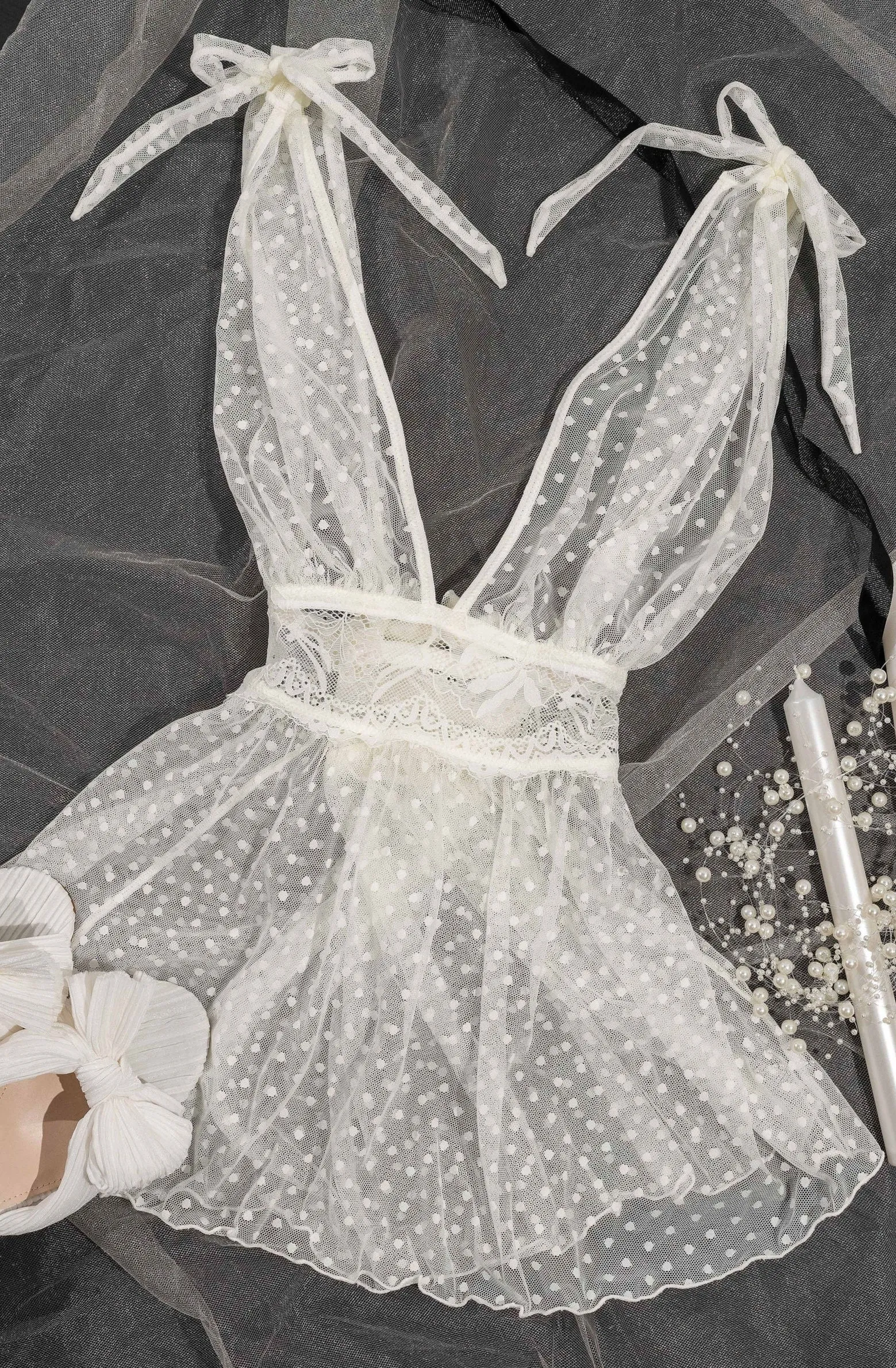 Polka Dot Mesh Babydoll - Pearl