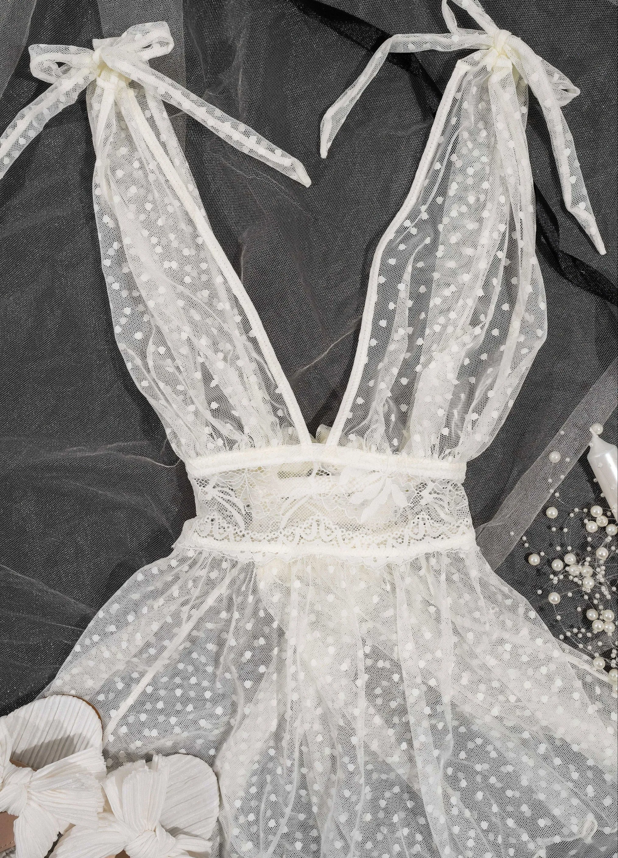 Polka Dot Mesh Babydoll - Pearl