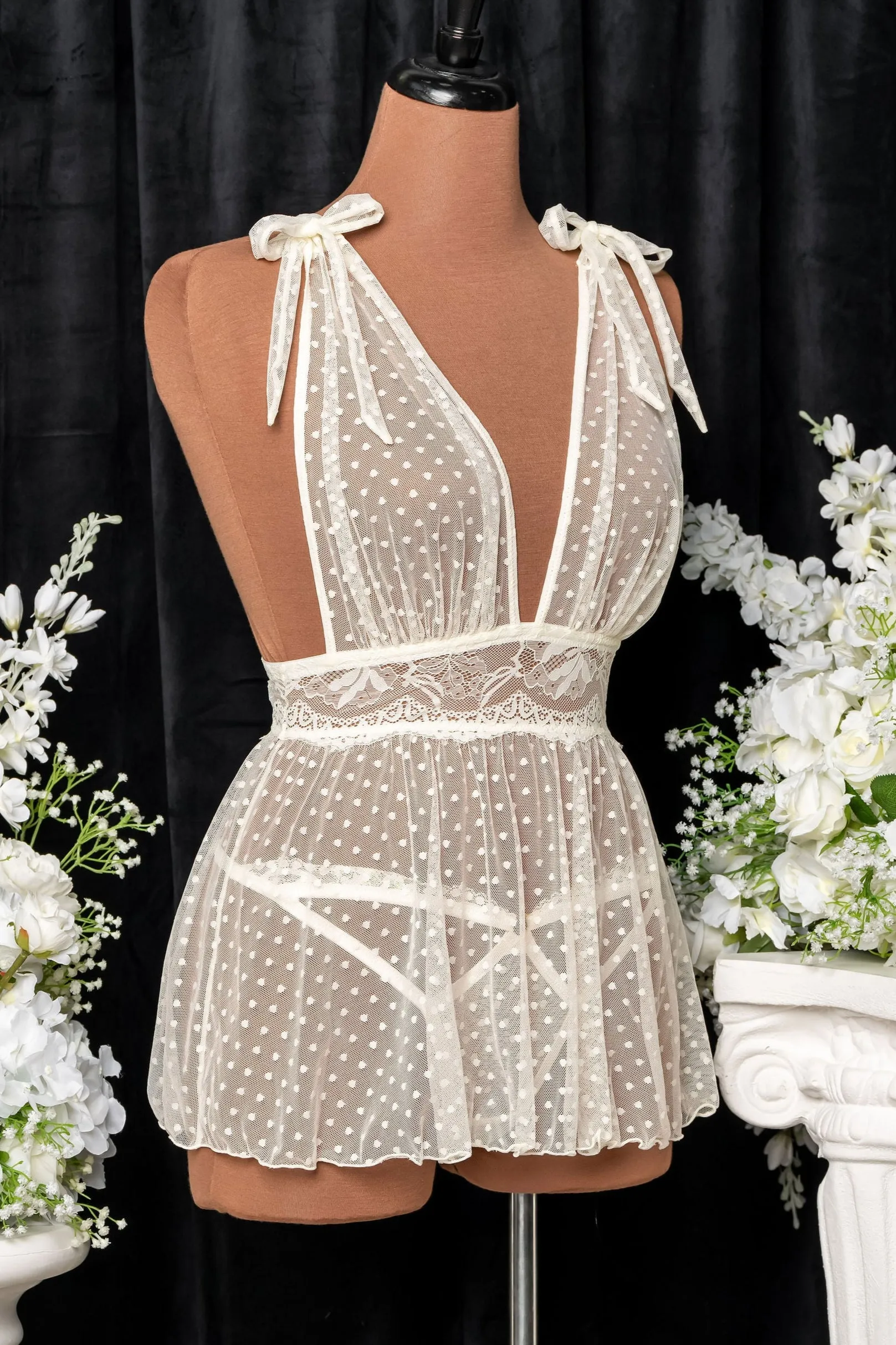 Polka Dot Mesh Babydoll - Pearl