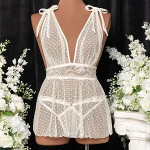Polka Dot Mesh Babydoll - Pearl