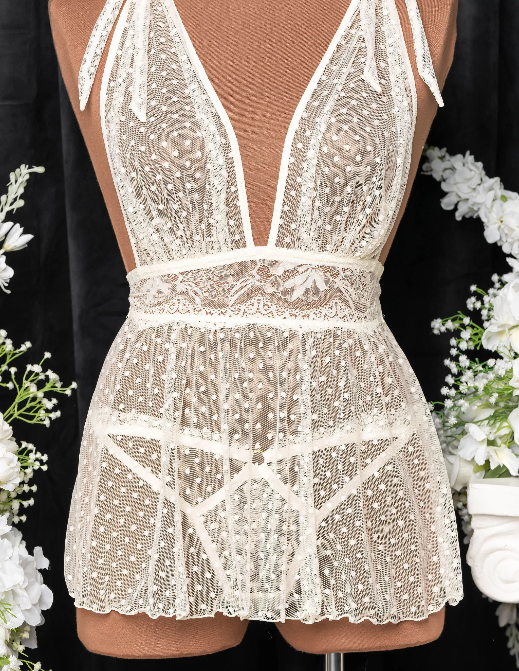 Polka Dot Mesh Babydoll - Pearl
