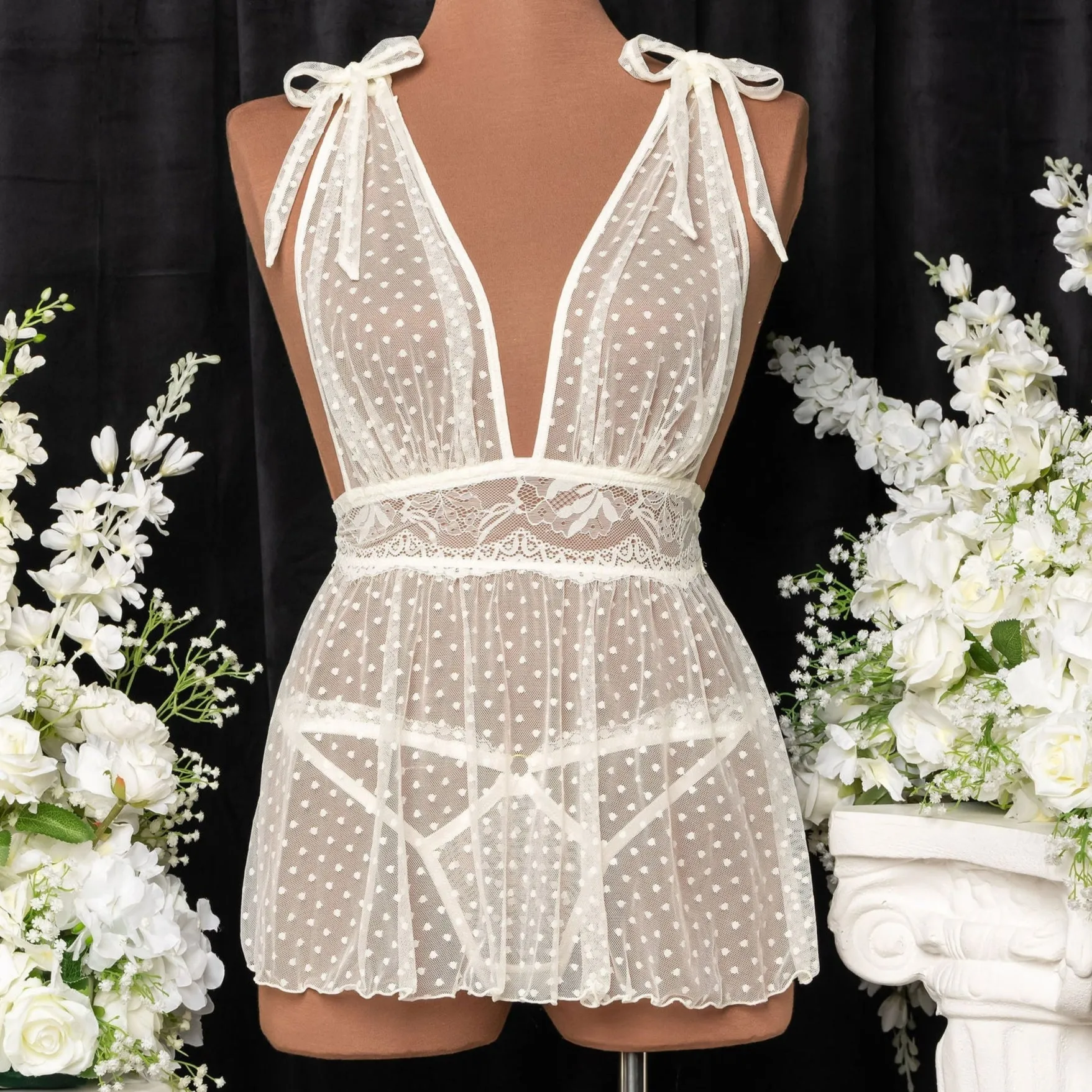 Polka Dot Mesh Babydoll - Pearl