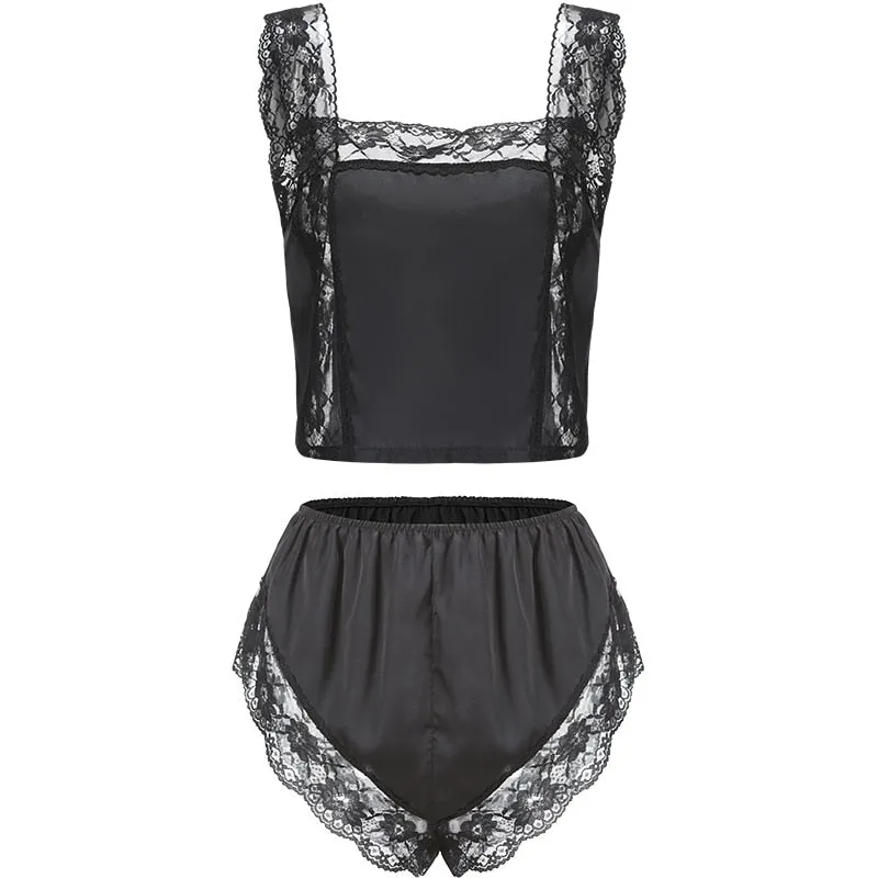 Satin Lace Spaghetti Straps Backless Sleepwear
