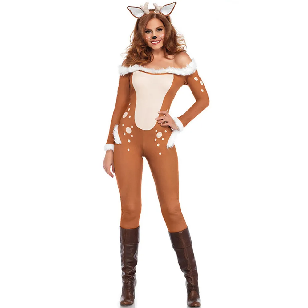 Sexy Deer Costume Adult Reindeer Animal Cosplay Outfit Women's Christmas Off Shoulder Party Jumpsuit