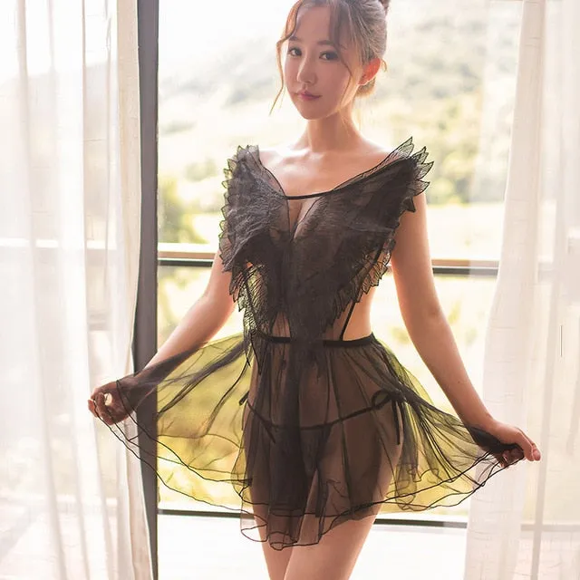 Sexy Mesh Women Lingerie Nightwear Black White Lace Embroidery Wing V-Neck Sleeveless Sleepwear Mini Night Dress Gecelik Nighty