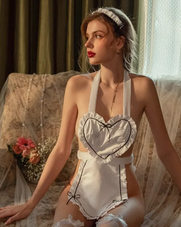 Sexy Seductive White Heart Apron Lingerie