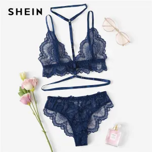 SHEIN Sexy Navy Trim Lace Unlined lingerie Set Hot Women V Neck Sleeveless Wireless Bralettes and Briefs Intimate Lingerie Sets