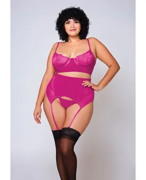 Soft Lace Bra. High Waist Satin & Mesh Garterbelt & G-string Fuchsia