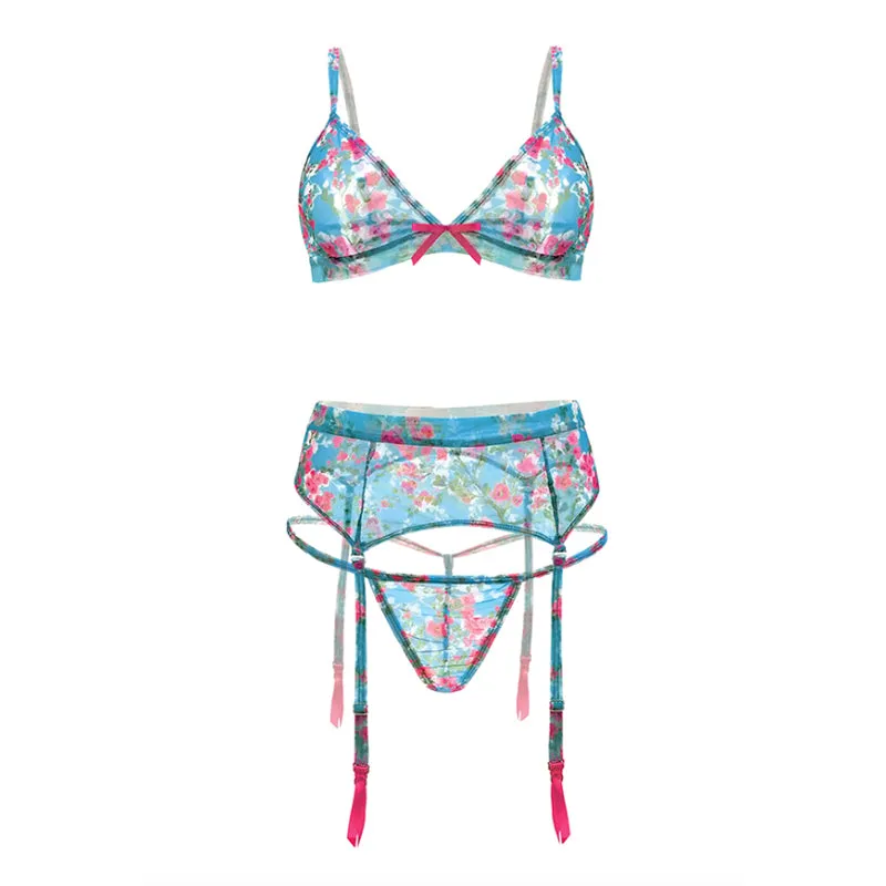 TURQUOISE SEAS FLORAL MESH BRALETTE. GARTER BELT & G-STRING 1X/2X TURQUOISE