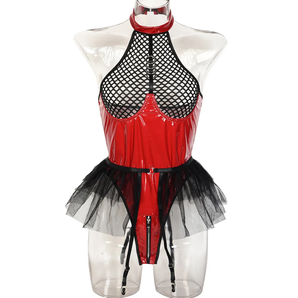 Wet Look Latex Teddy Baby Dolls Fishnet See Through Teddy Lingerie Zip Crotch Bodysuit