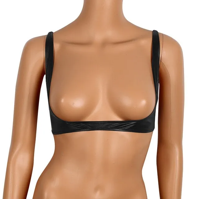 Women Sexy Brs Lingerie Fashion Faux Leather Bra Tops Adjustable Wire-free Open Cup Bra Tops Shelf Bra Exposed Breasts Nipples