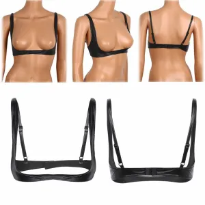 Women Sexy Brs Lingerie Fashion Faux Leather Bra Tops Adjustable Wire-free Open Cup Bra Tops Shelf Bra Exposed Breasts Nipples