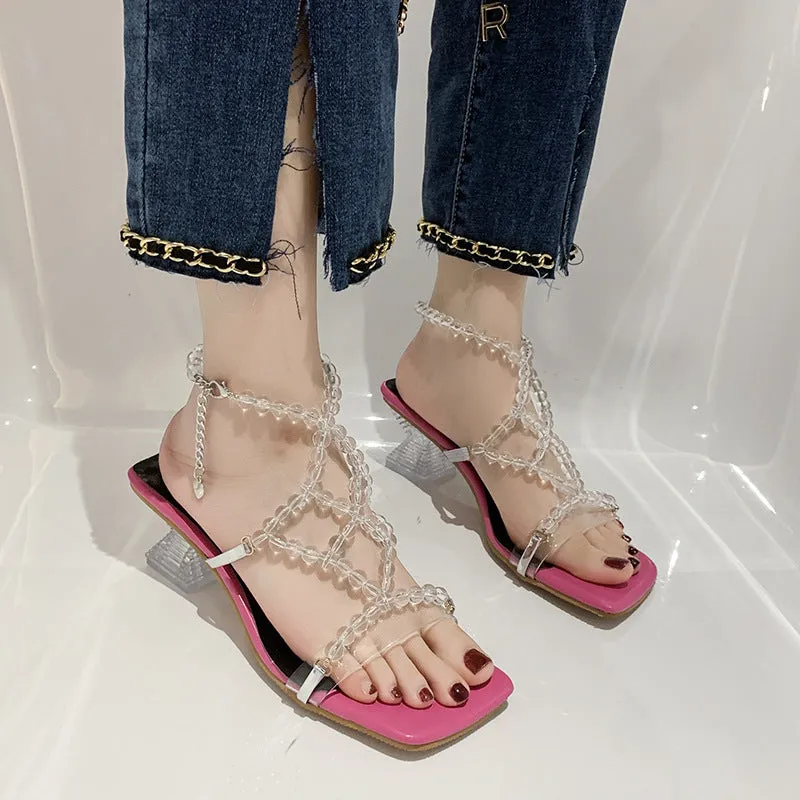 Women's Pearl Square Toe Rhinestone One Buckle Heels