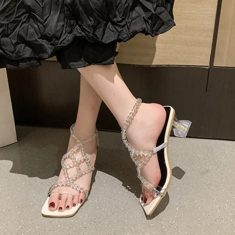 Women's Pearl Square Toe Rhinestone One Buckle Heels